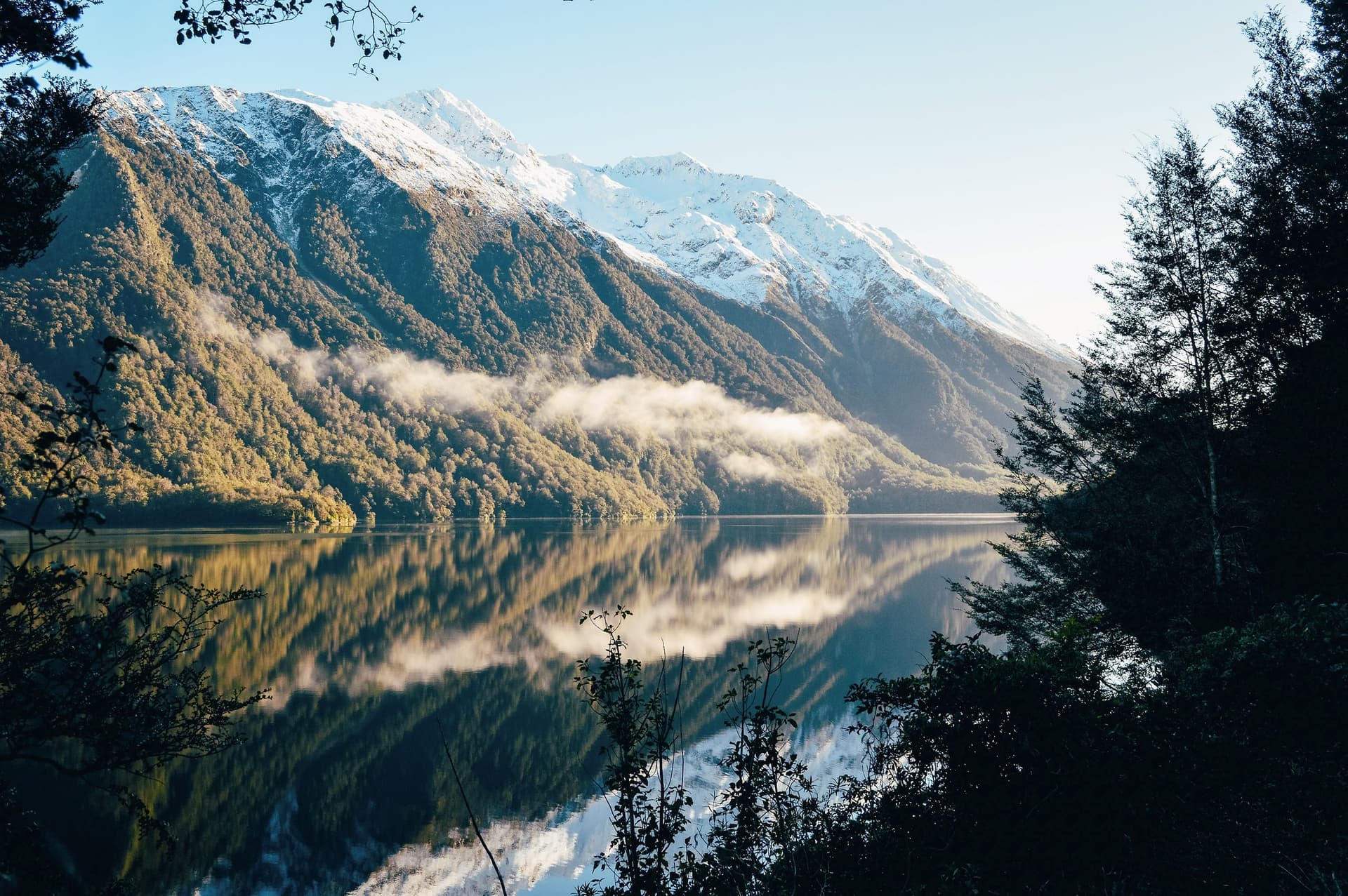 A still lake reflecting bush-covered mountains, mist low on the hills