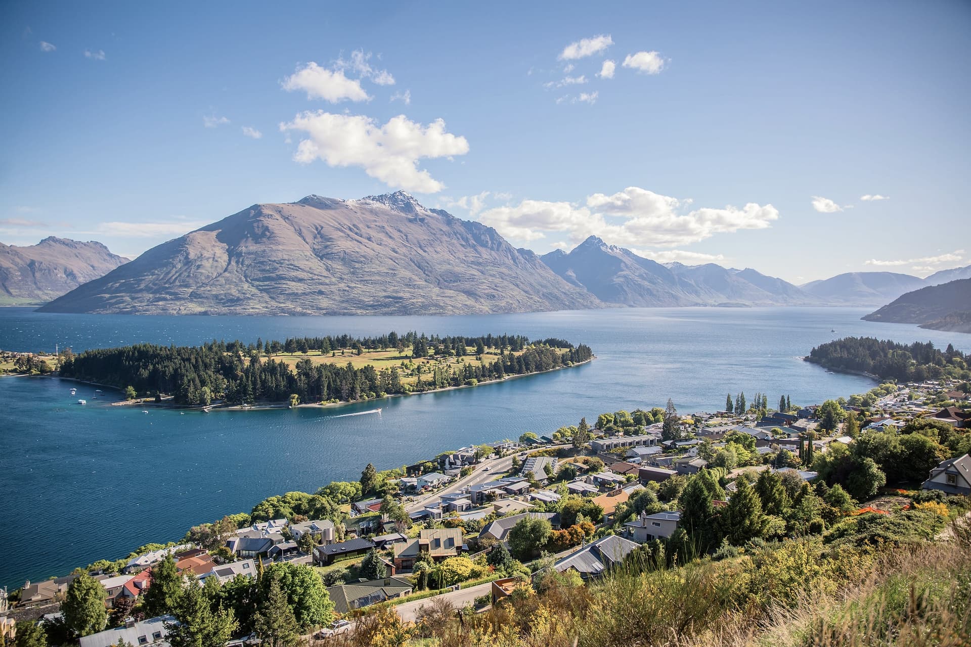 Homes and streets beside a lake, seen from the hill above