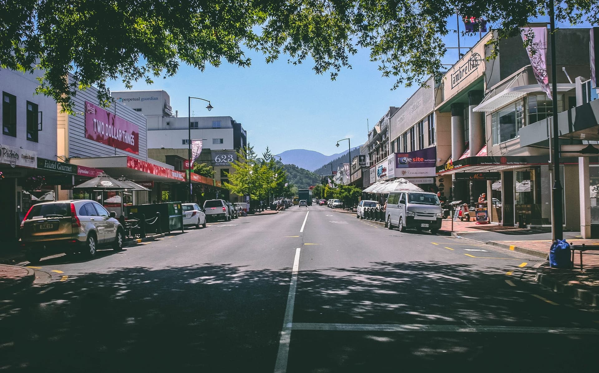 A small town main street with shops, parked cars and street trees