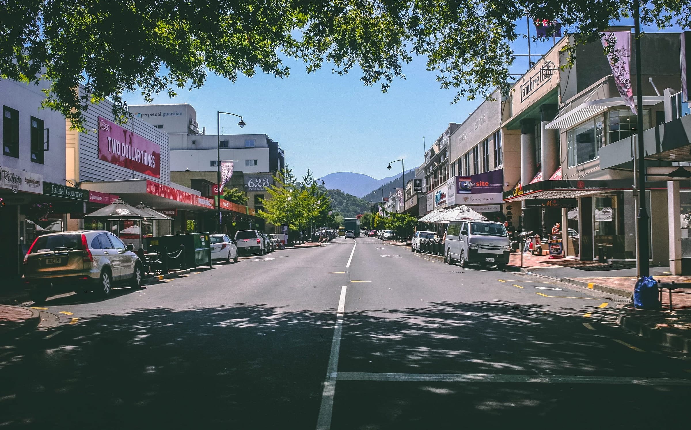 A small town main street with shops, parked cars and street trees